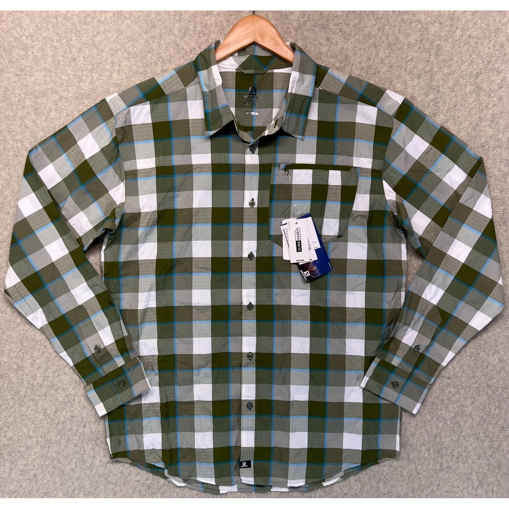NWT Salomon Men Button Up Equation Shirt Long Sleeve Dark‎ Seaweed ActiLite L